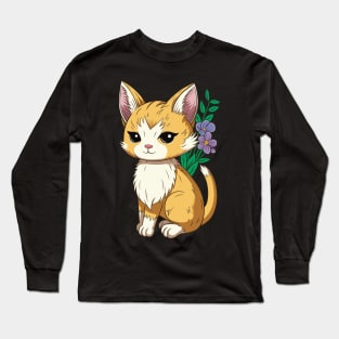 Cute Cat With Flowers Long Sleeve T-Shirt